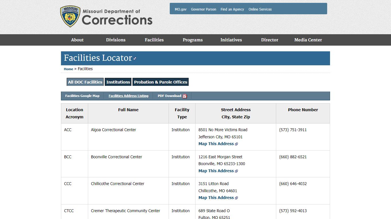 Facilities Locator - Missouri Department of Corrections