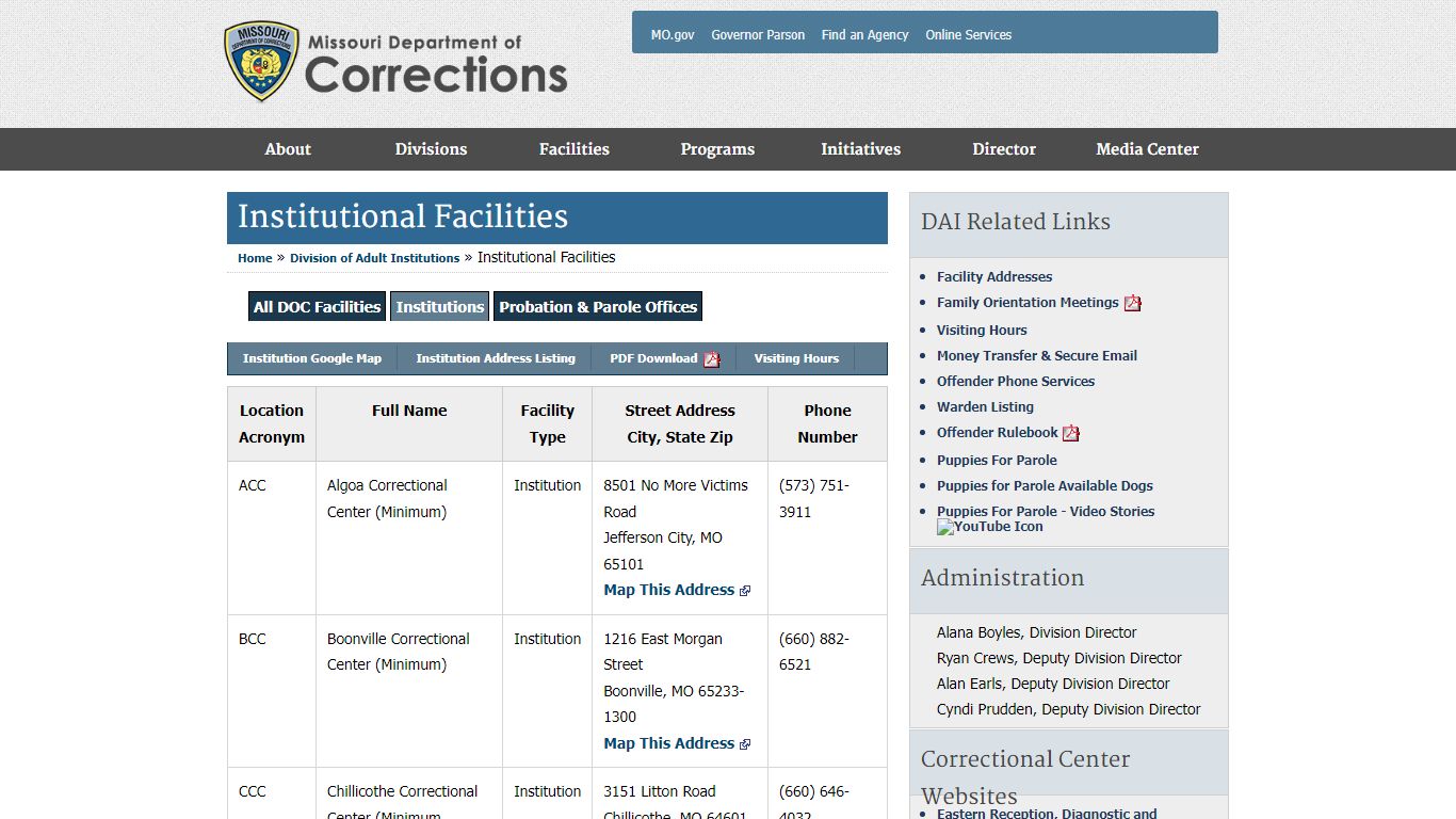 Division of Adult Institutions - Missouri Department of Corrections